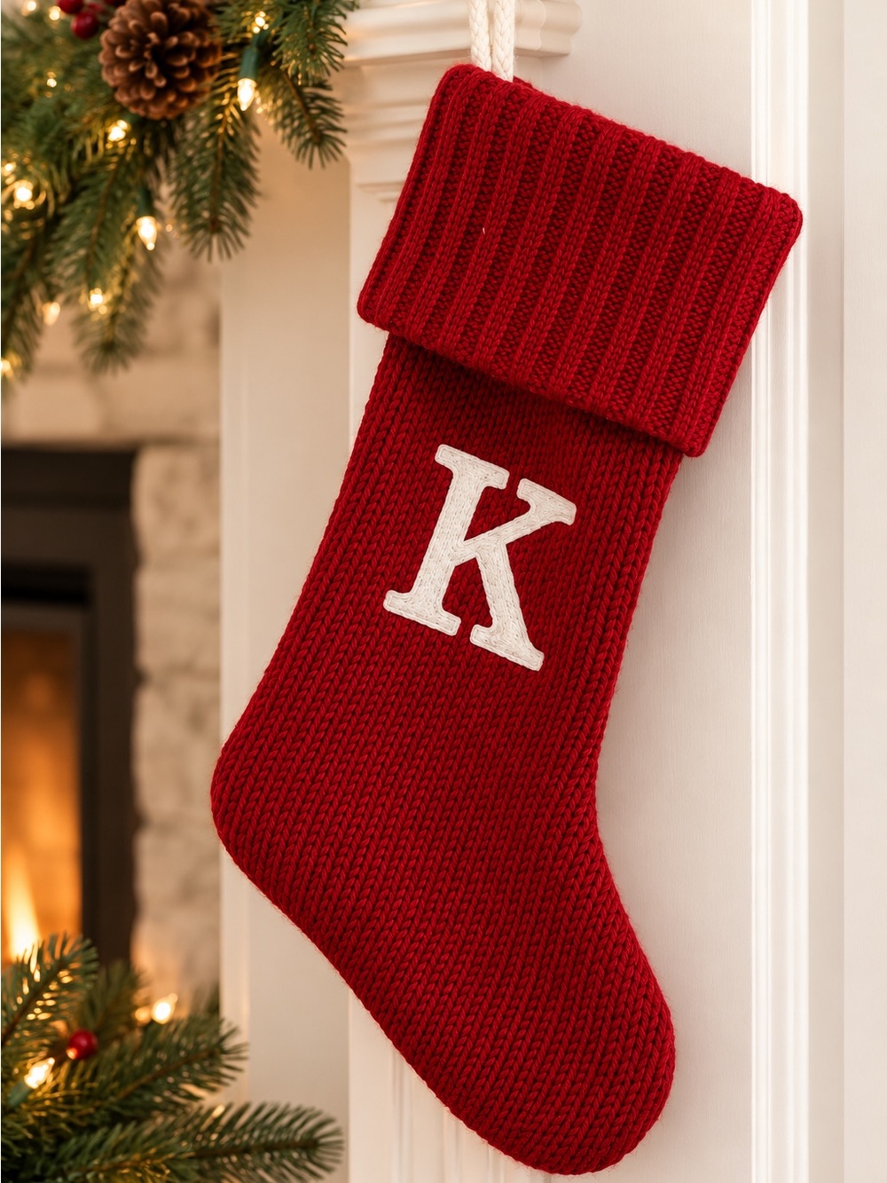 Red Knit Christmas Stocking White “K” Monogram Initial Holiday Decor